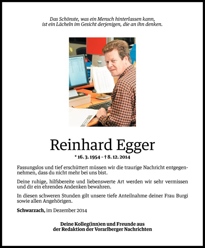  Todesanzeige für Reinhard Egger vom 10.12.2014 aus Vorarlberger Nachrichten