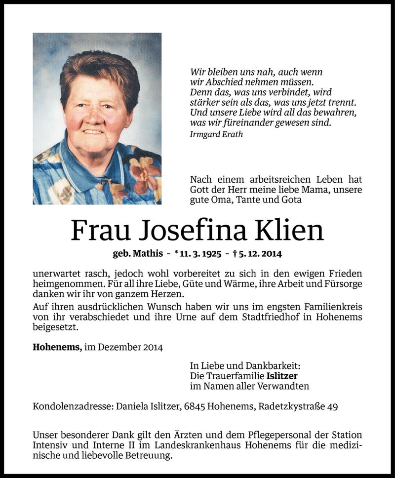  Todesanzeige für Josefina Klien vom 12.12.2014 aus Vorarlberger Nachrichten