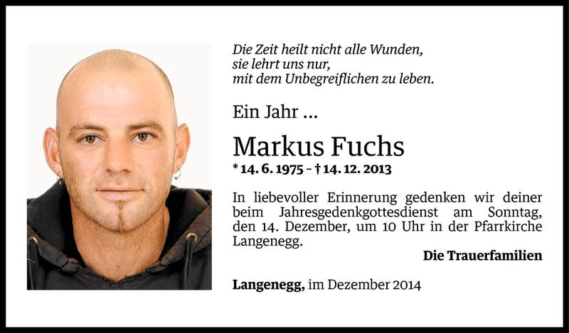  Todesanzeige für Markus Fuchs vom 11.12.2014 aus Vorarlberger Nachrichten