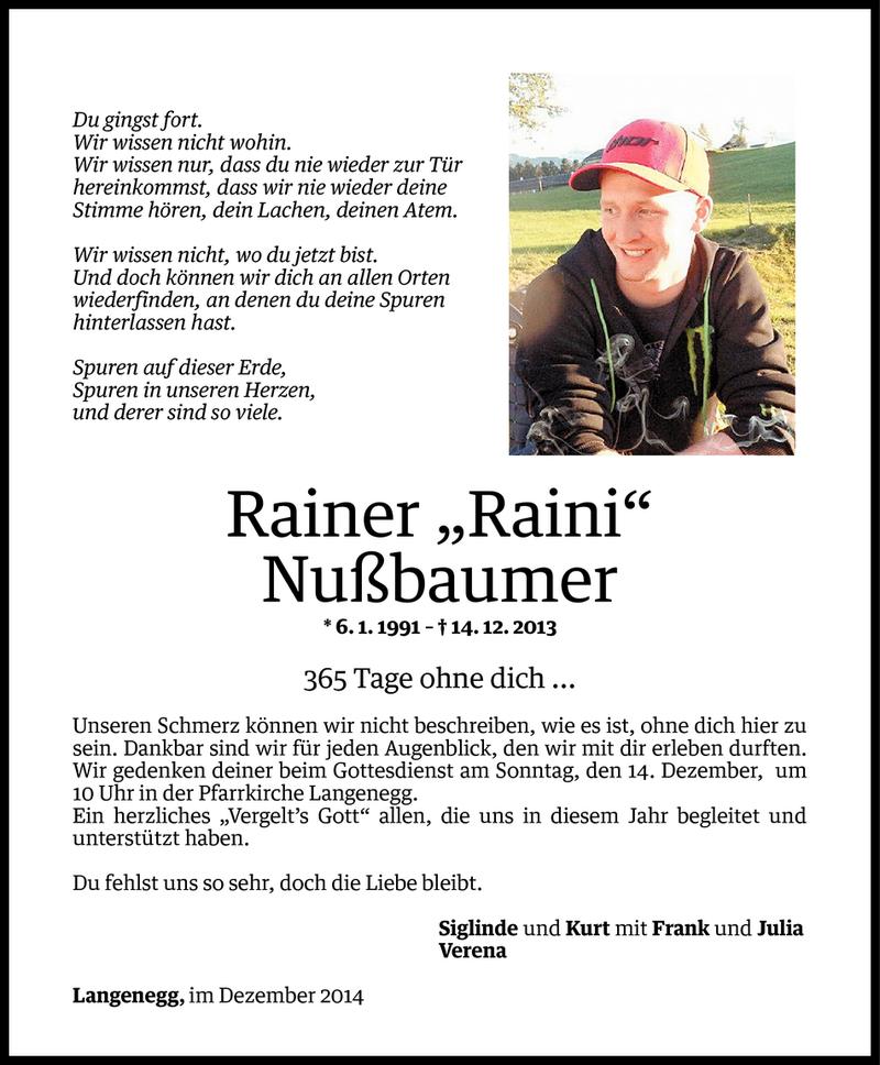  Todesanzeige für Rainer Nußbaumer vom 11.12.2014 aus Vorarlberger Nachrichten