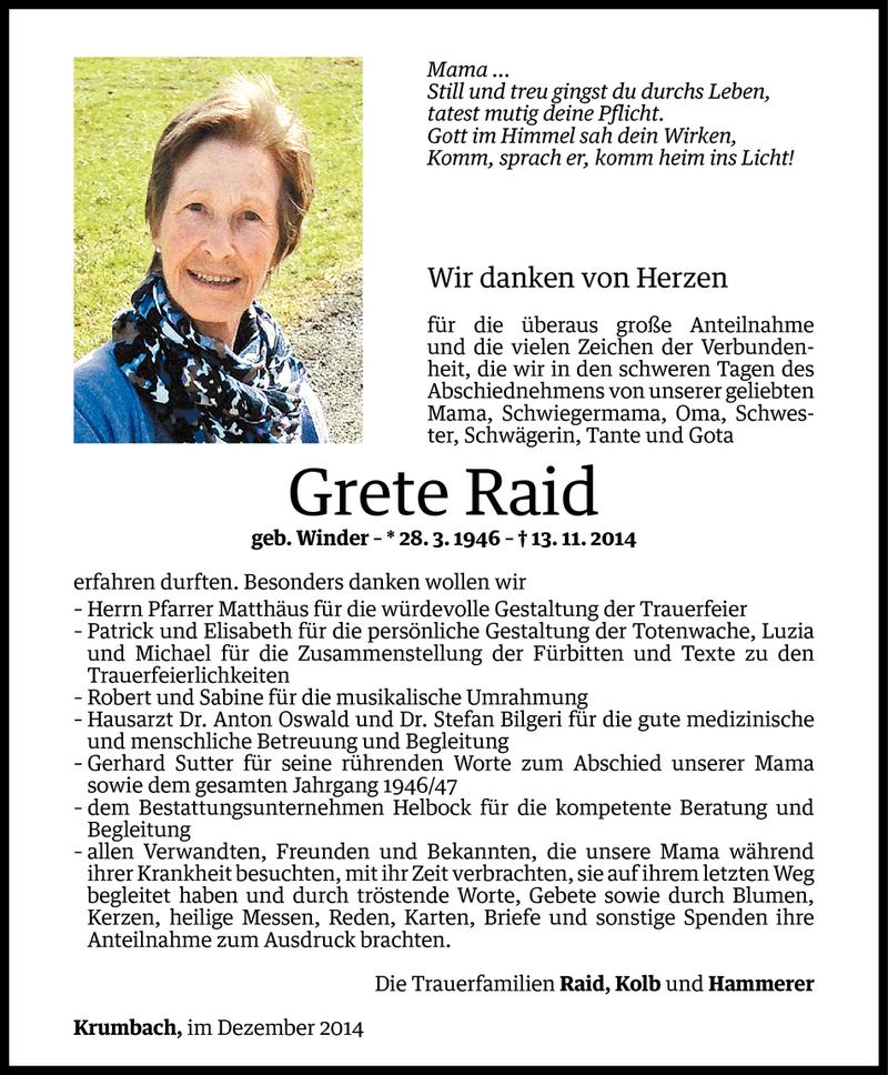  Todesanzeige für Grete Raid vom 11.12.2014 aus Vorarlberger Nachrichten