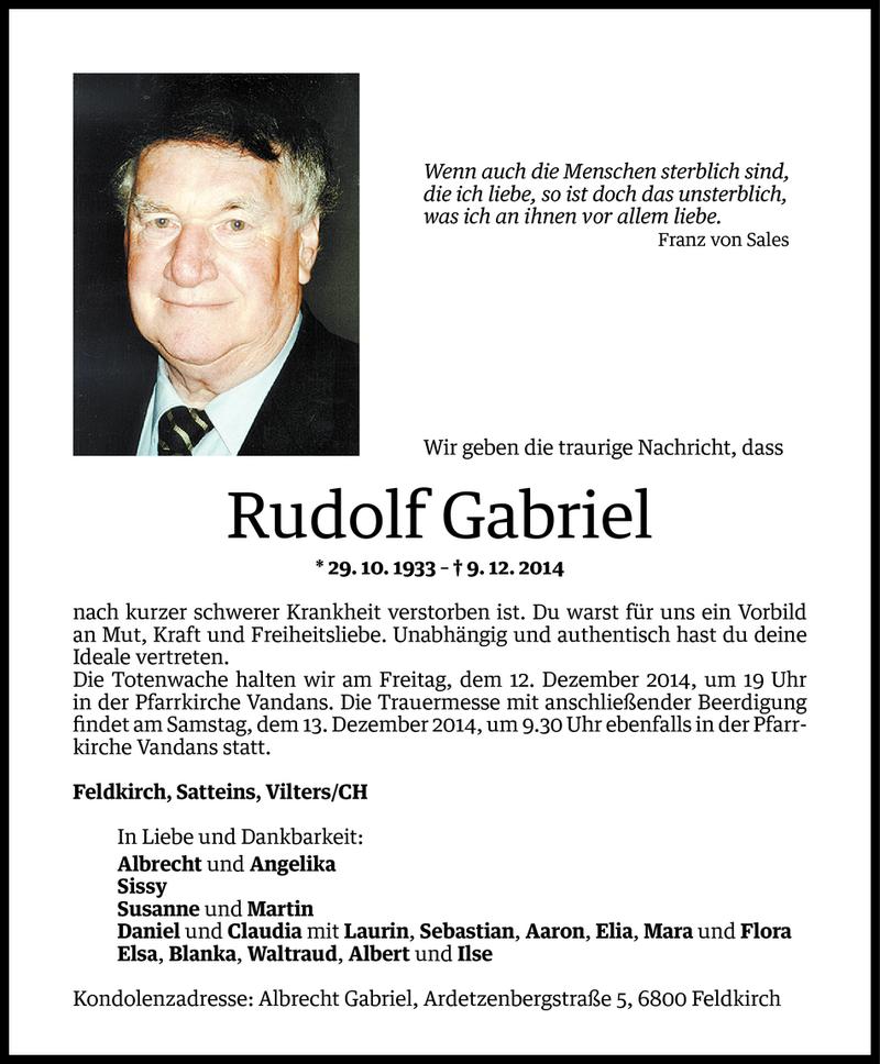  Todesanzeige für Rudolf Gabriel vom 11.12.2014 aus Vorarlberger Nachrichten