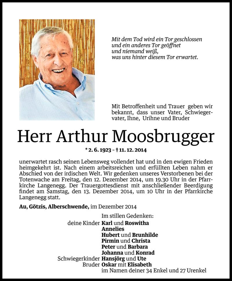  Todesanzeige für Arthur Moosbrugger vom 11.12.2014 aus Vorarlberger Nachrichten