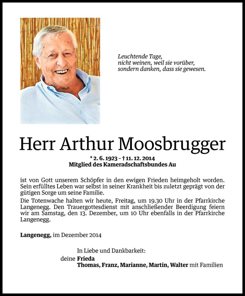  Todesanzeige für Arthur Moosbrugger vom 11.12.2014 aus Vorarlberger Nachrichten