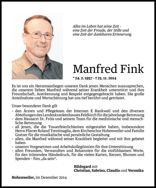 Todesanzeige von Manfred Fink von Vorarlberger Nachrichten