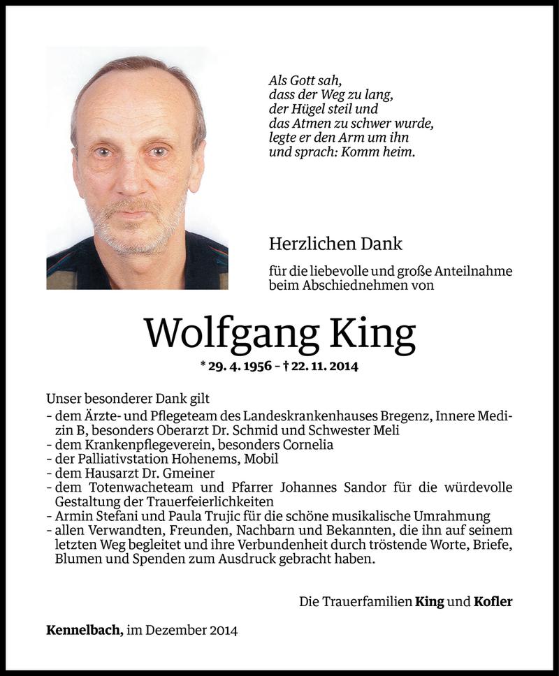  Todesanzeige für Wolfgang King vom 12.12.2014 aus Vorarlberger Nachrichten