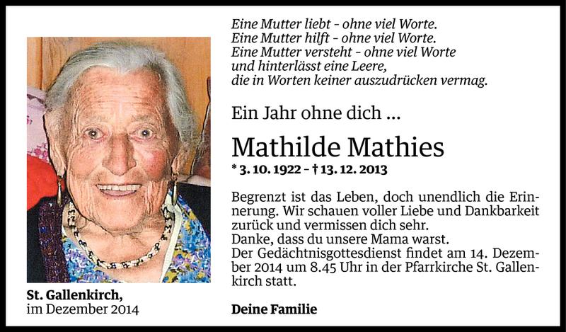  Todesanzeige für Mathilde Mathies vom 12.12.2014 aus Vorarlberger Nachrichten