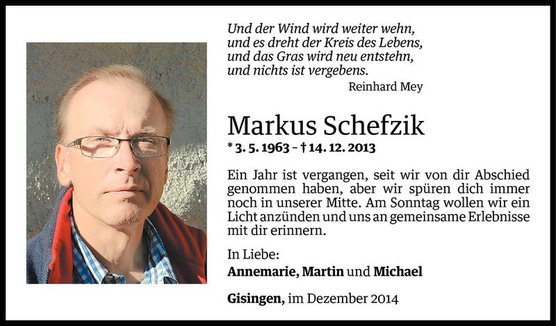  Todesanzeige für Markus Schefzik vom 12.12.2014 aus Vorarlberger Nachrichten