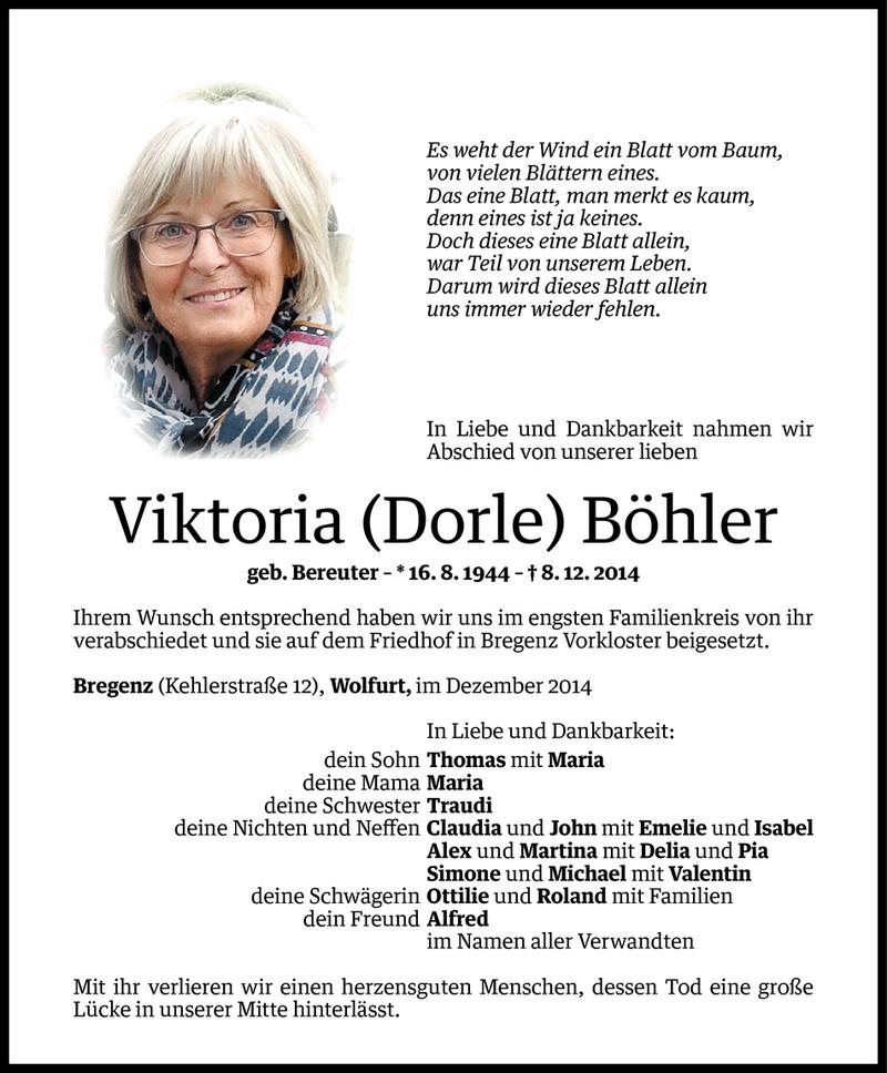  Todesanzeige für Viktoria Böhler vom 12.12.2014 aus Vorarlberger Nachrichten