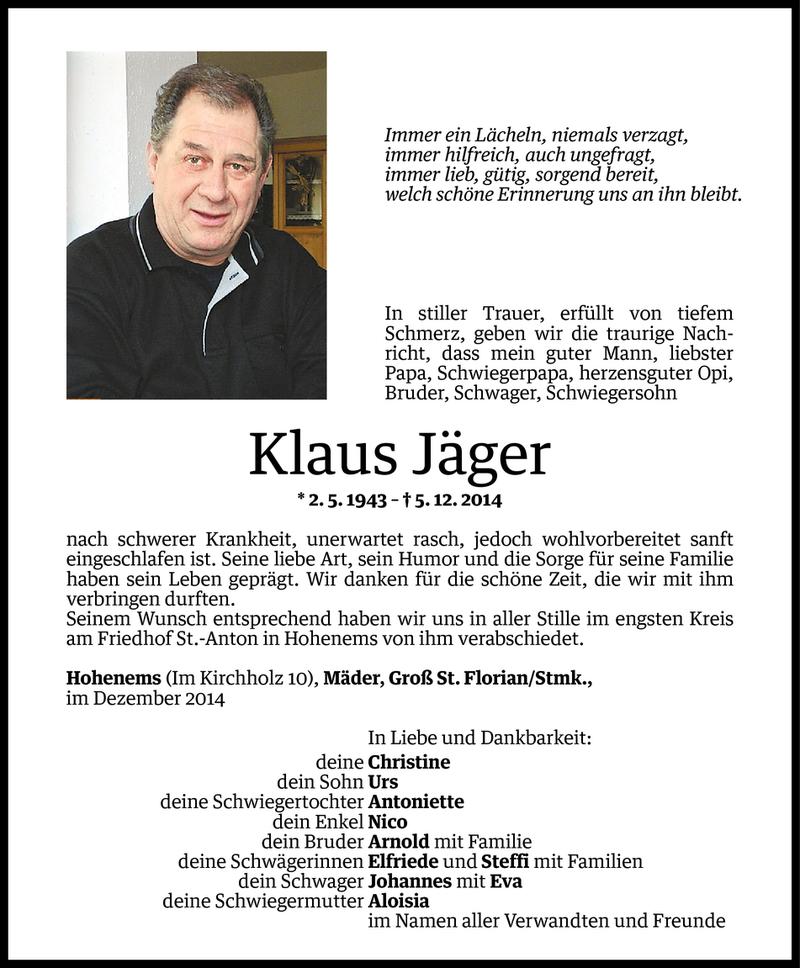  Todesanzeige für Klaus Jäger vom 13.12.2014 aus Vorarlberger Nachrichten