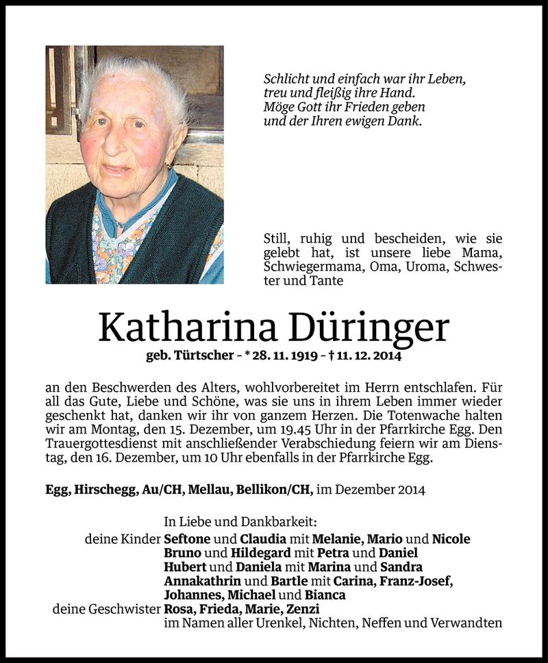  Todesanzeige für Katharina Düringer vom 12.12.2014 aus Vorarlberger Nachrichten