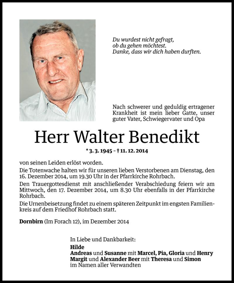  Todesanzeige für Walter Benedikt vom 12.12.2014 aus Vorarlberger Nachrichten