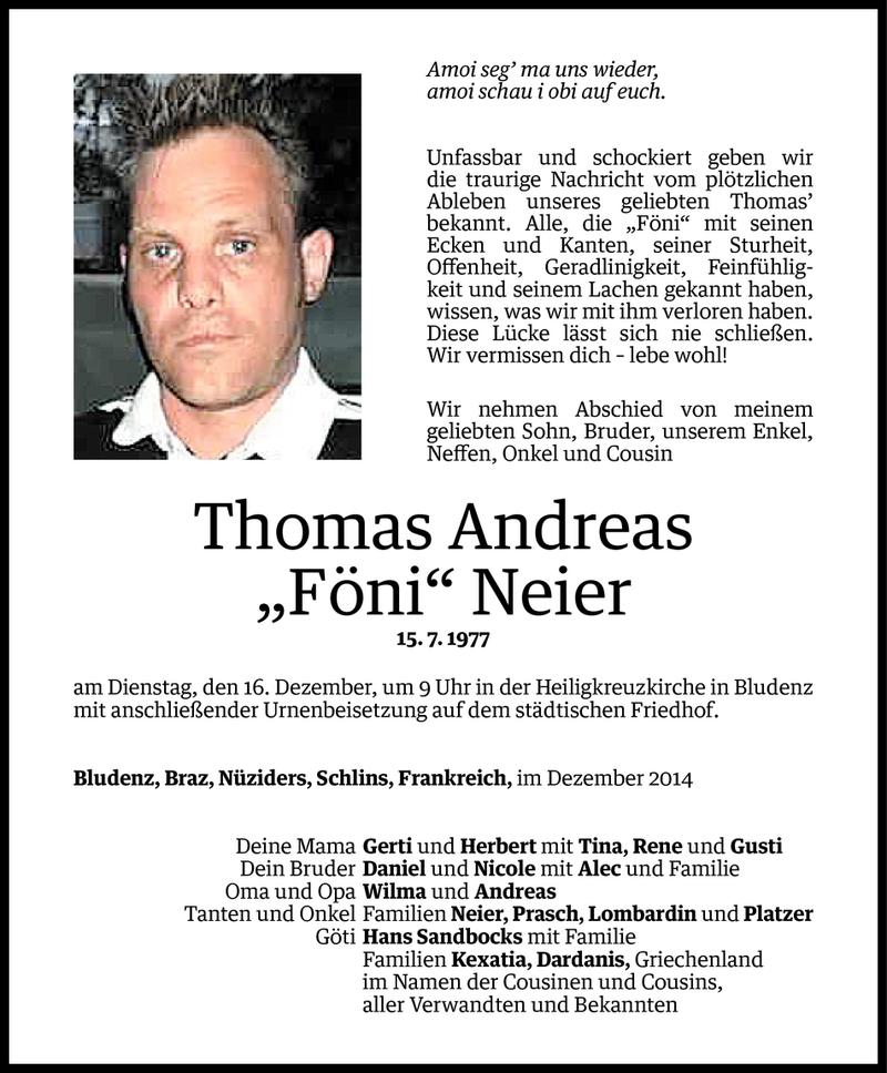  Todesanzeige für Thomas Andreas Neier vom 12.12.2014 aus Vorarlberger Nachrichten