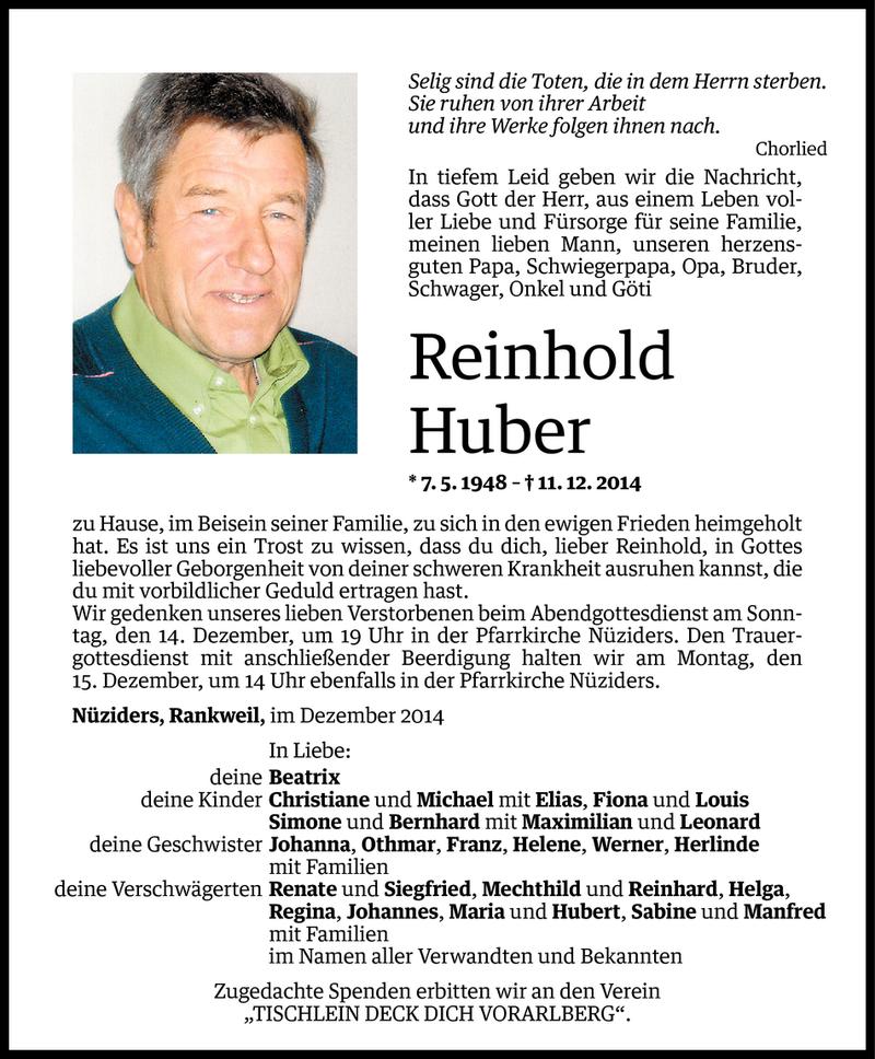  Todesanzeige für Reinhold Huber vom 12.12.2014 aus Vorarlberger Nachrichten