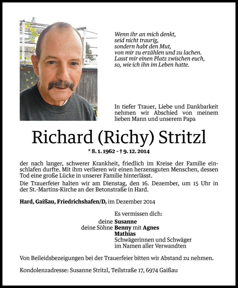  Todesanzeige für Richard Stritzl vom 12.12.2014 aus Vorarlberger Nachrichten