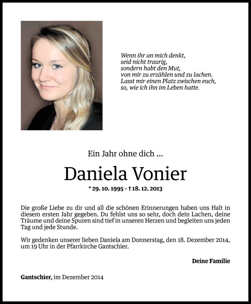  Todesanzeige für Daniela Vonier vom 12.12.2014 aus Vorarlberger Nachrichten