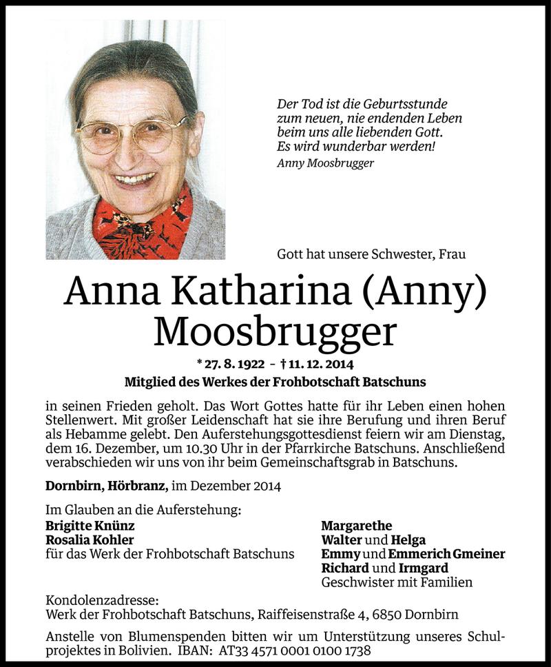  Todesanzeige für Anna Katharina Moosbrugger vom 13.12.2014 aus Vorarlberger Nachrichten