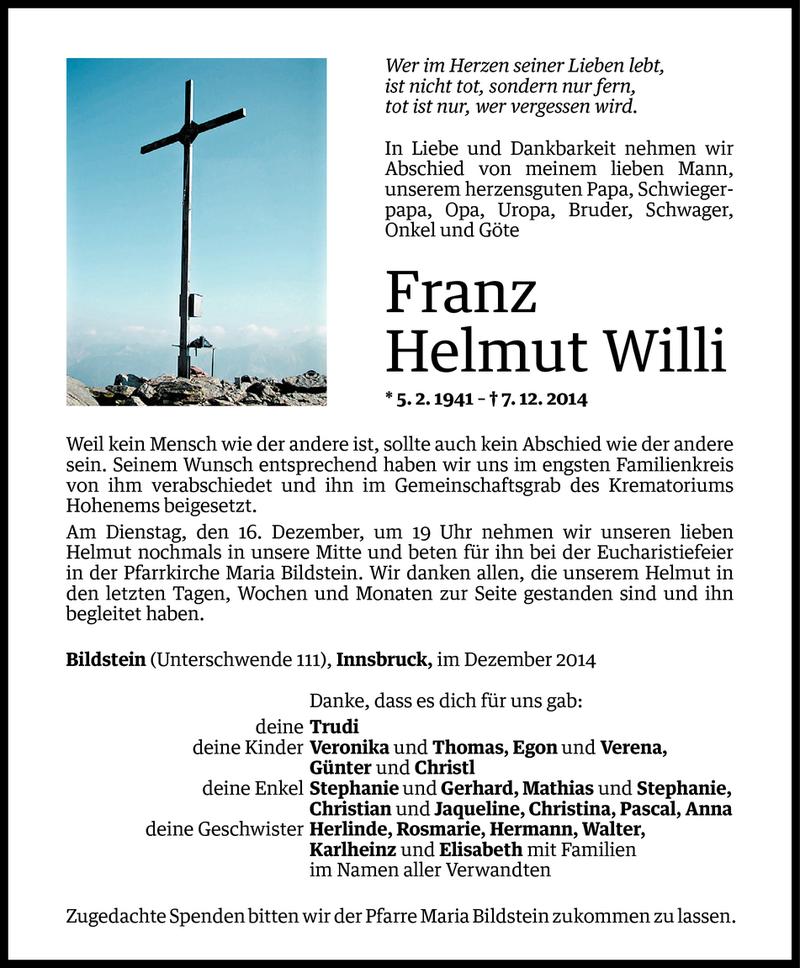  Todesanzeige für Franz Helmut Willi vom 14.12.2014 aus Vorarlberger Nachrichten