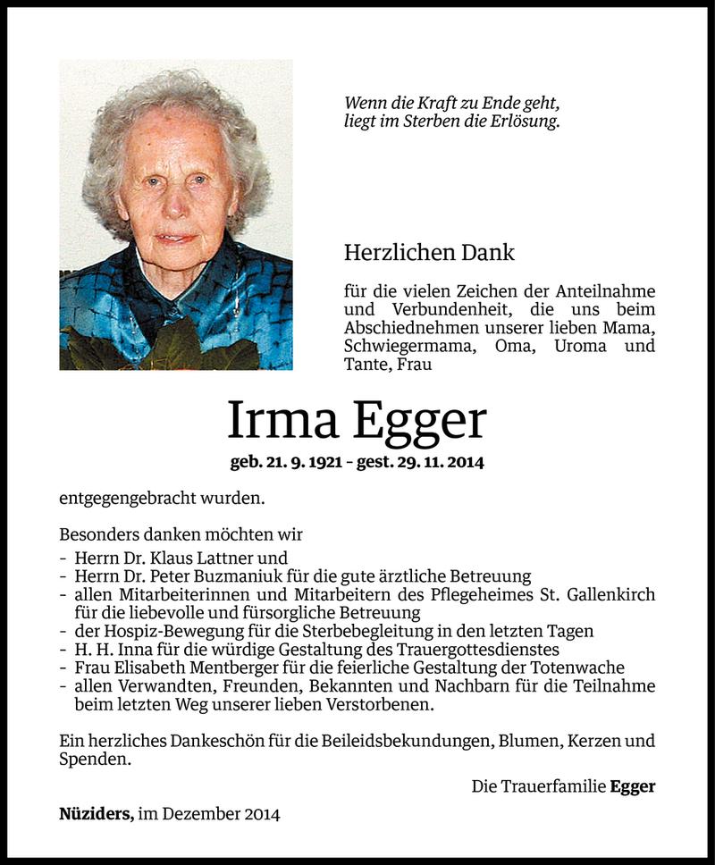  Todesanzeige für Irma Egger vom 14.12.2014 aus Vorarlberger Nachrichten
