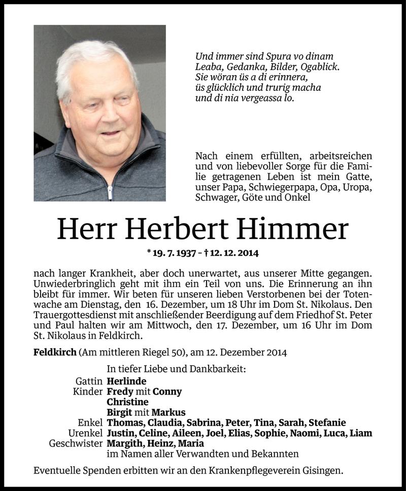  Todesanzeige für Herbert Himmer vom 14.12.2014 aus Vorarlberger Nachrichten