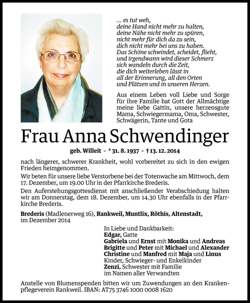  Todesanzeige für Anna Schwendinger vom 15.12.2014 aus Vorarlberger Nachrichten