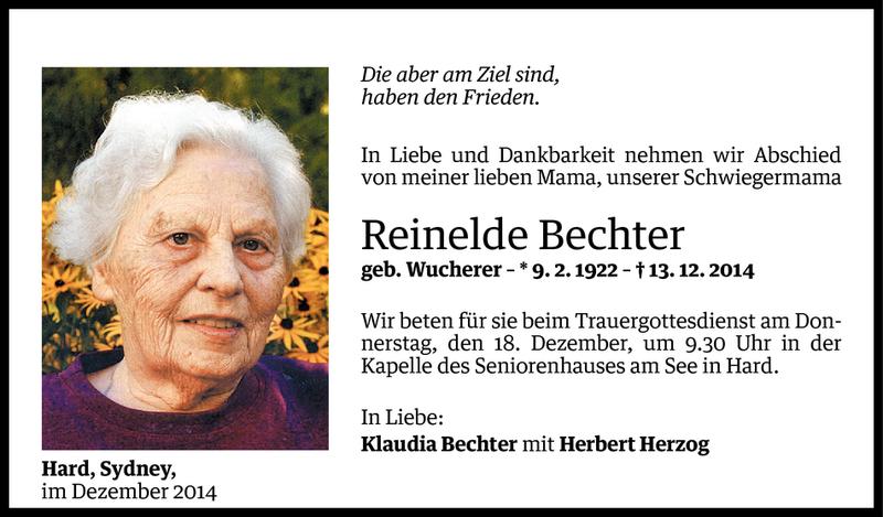  Todesanzeige für Reinelde Bechter vom 15.12.2014 aus Vorarlberger Nachrichten