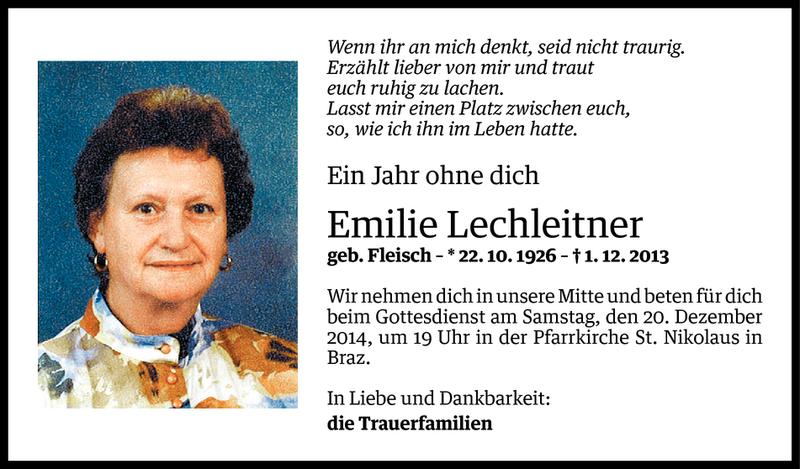  Todesanzeige für Emilie Lechleitner vom 15.12.2014 aus Vorarlberger Nachrichten