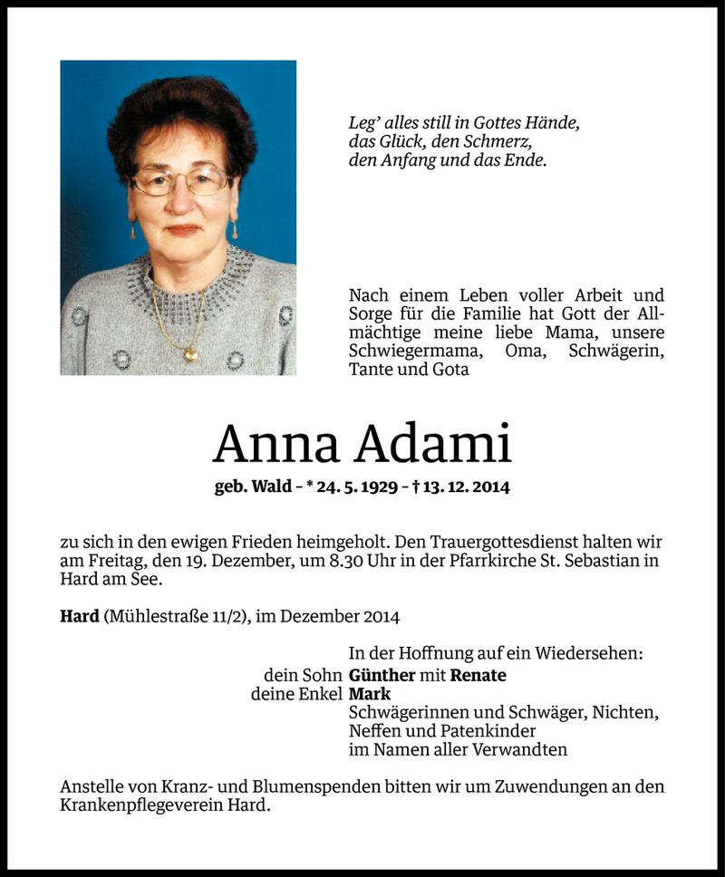  Todesanzeige für Anna Adami vom 15.12.2014 aus Vorarlberger Nachrichten