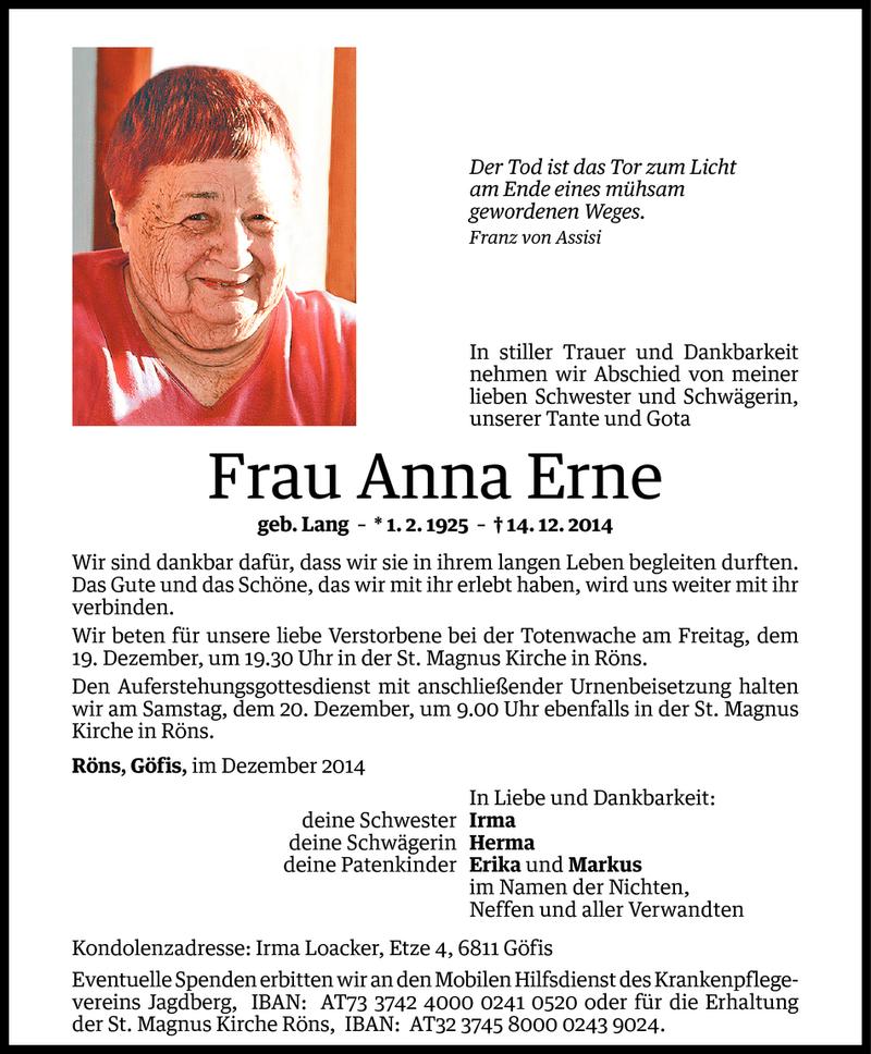  Todesanzeige für Anna Erne vom 17.12.2014 aus Vorarlberger Nachrichten