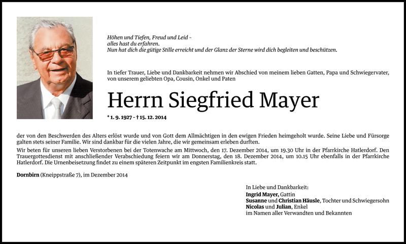  Todesanzeige für Siegfried Mayer vom 15.12.2014 aus Vorarlberger Nachrichten