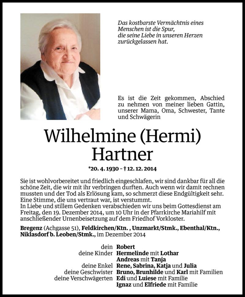  Todesanzeige für Wilhelmine Hartner vom 15.12.2014 aus Vorarlberger Nachrichten