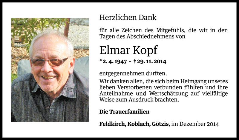  Todesanzeige für Elmar Kopf vom 29.12.2014 aus Vorarlberger Nachrichten