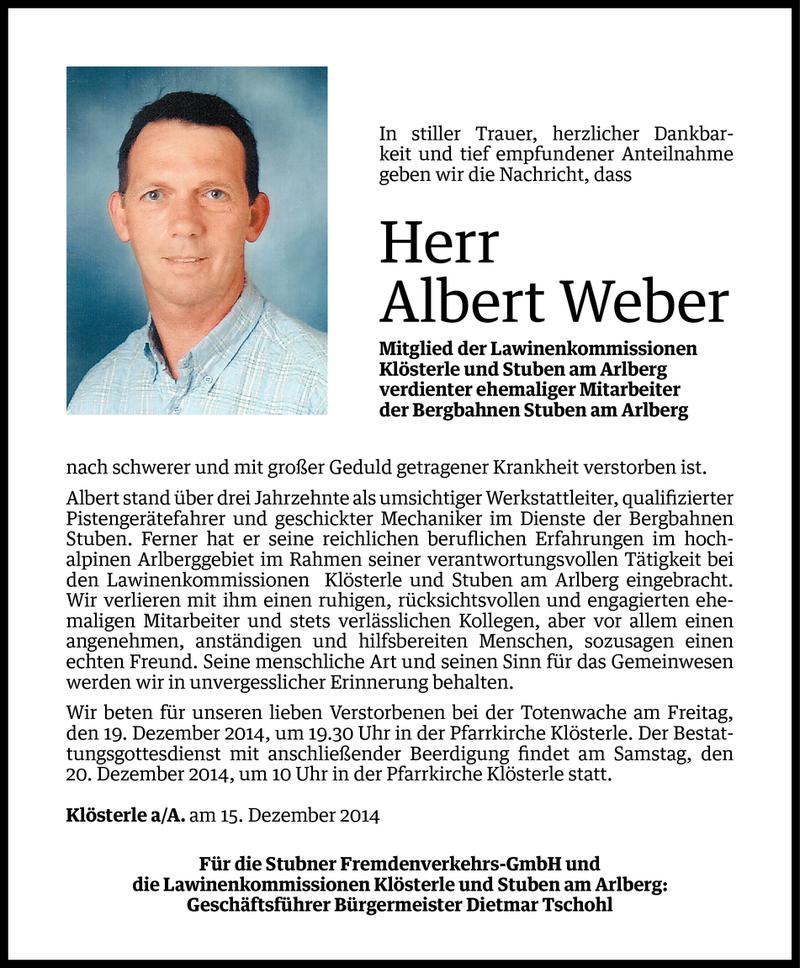  Todesanzeige für Albert Weber vom 16.12.2014 aus Vorarlberger Nachrichten