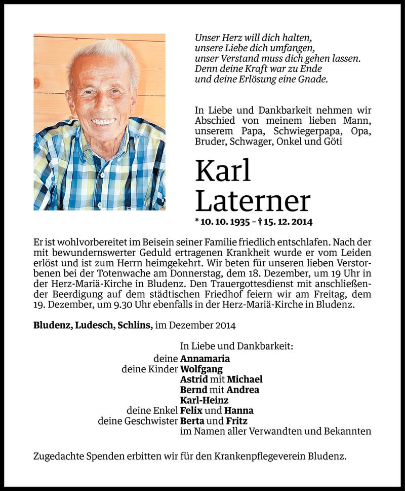  Todesanzeige für Karl Laterner vom 17.12.2014 aus Vorarlberger Nachrichten