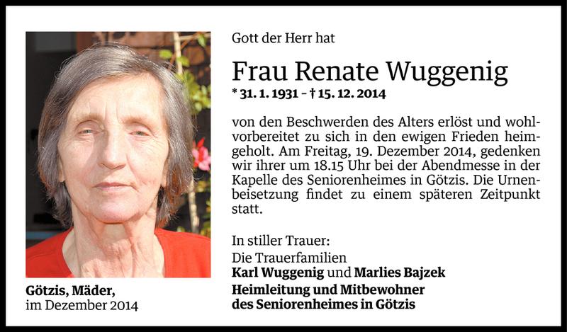  Todesanzeige für Renate Wuggenig vom 16.12.2014 aus Vorarlberger Nachrichten