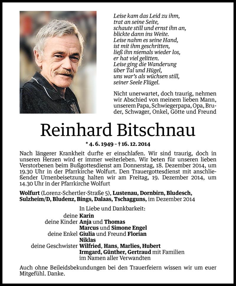  Todesanzeige für Reinhard Bitschnau vom 16.12.2014 aus Vorarlberger Nachrichten