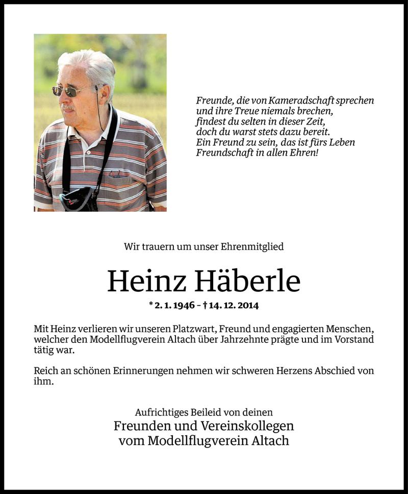  Todesanzeige für Heinz Häberle vom 16.12.2014 aus Vorarlberger Nachrichten