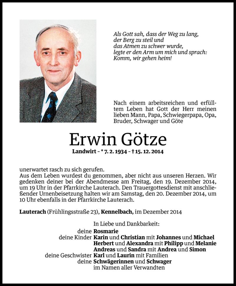  Todesanzeige für Erwin Götze vom 17.12.2014 aus Vorarlberger Nachrichten