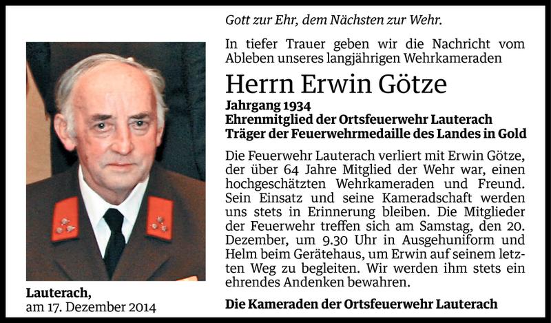  Todesanzeige für Erwin Götze vom 17.12.2014 aus Vorarlberger Nachrichten