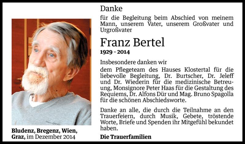  Todesanzeige für Franz Bertel vom 18.12.2014 aus Vorarlberger Nachrichten