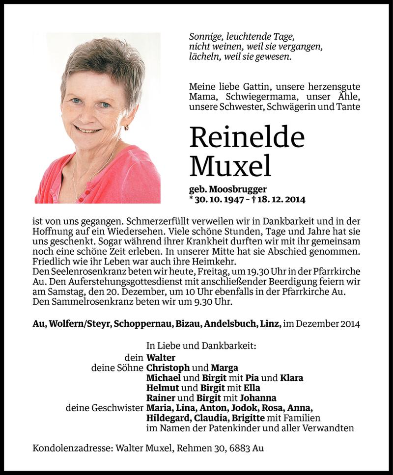  Todesanzeige für Reinelde Muxel vom 18.12.2014 aus Vorarlberger Nachrichten