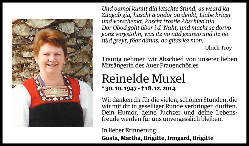  Todesanzeige für Reinelde Muxel vom 18.12.2014 aus Vorarlberger Nachrichten