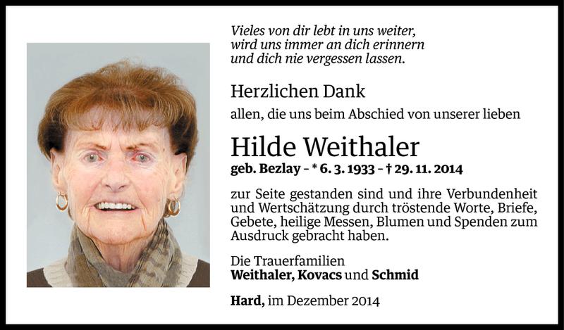  Todesanzeige für Hilde Weithaler vom 19.12.2014 aus Vorarlberger Nachrichten