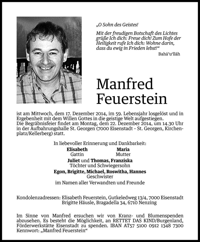  Todesanzeige für Manfred Feuerstein vom 19.12.2014 aus Vorarlberger Nachrichten