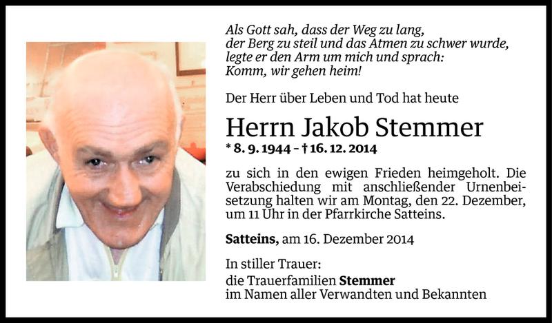  Todesanzeige für Jakob Stemmer vom 19.12.2014 aus Vorarlberger Nachrichten