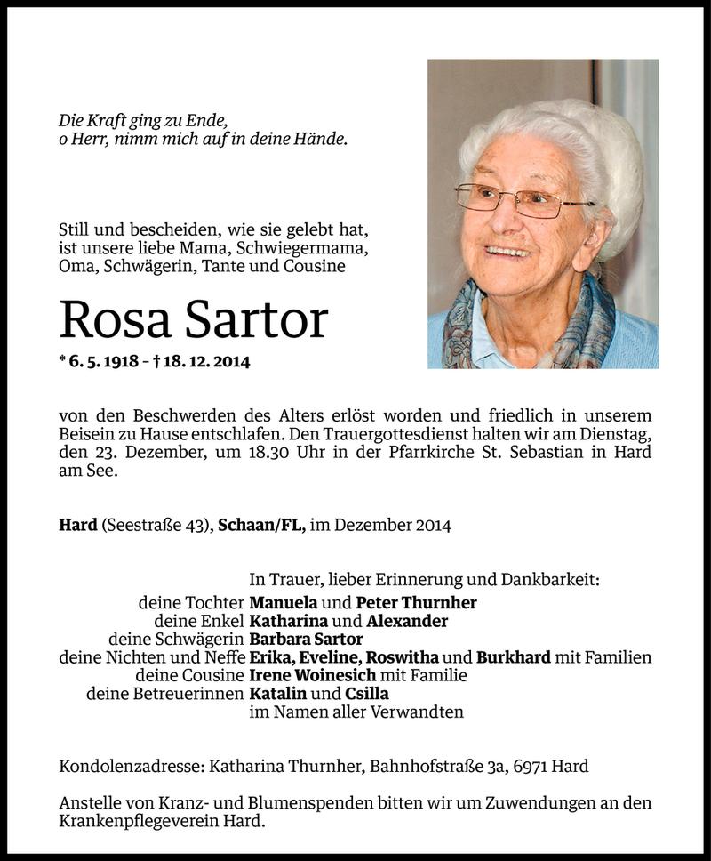  Todesanzeige für Rosa Sartor vom 19.12.2014 aus Vorarlberger Nachrichten