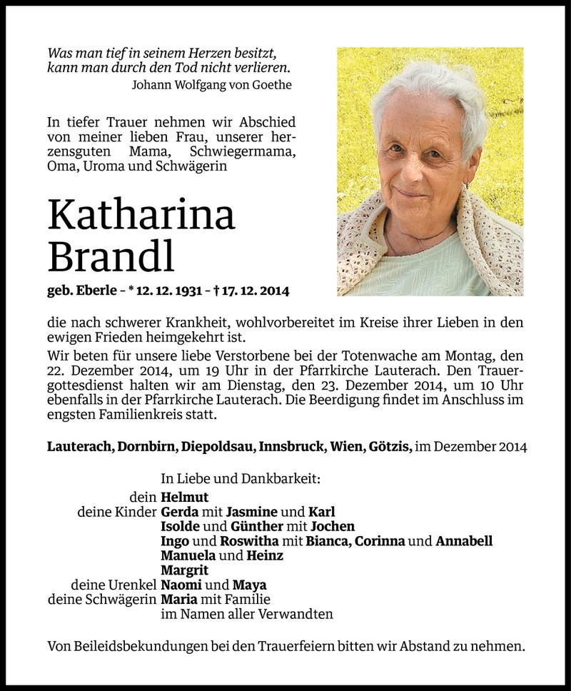  Todesanzeige für Katharina Brandl vom 19.12.2014 aus Vorarlberger Nachrichten