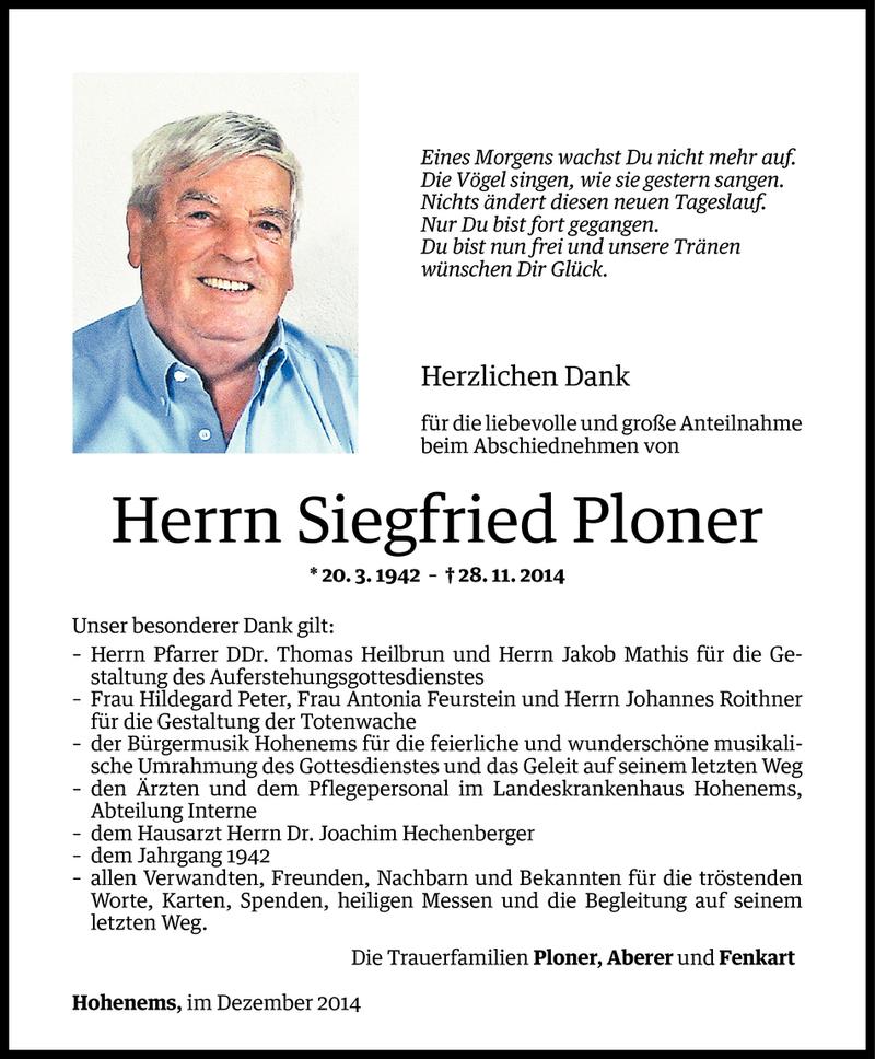  Todesanzeige für Siegfried Ploner vom 20.12.2014 aus Vorarlberger Nachrichten