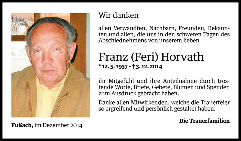  Todesanzeige für Franz Horvath vom 19.12.2014 aus Vorarlberger Nachrichten