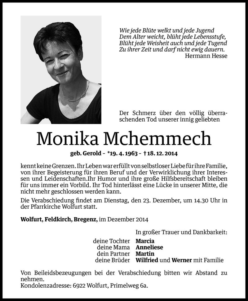  Todesanzeige für Monika Mchemmech vom 19.12.2014 aus Vorarlberger Nachrichten